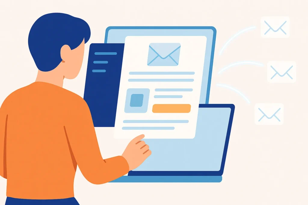 Faceless content creator sending an email with affiliate links , representing affiliate marketing without a website.