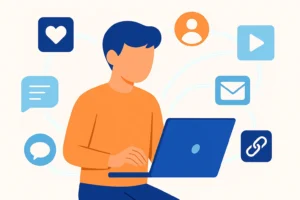 Beginner affiliate marketer using a laptop and smartphone with abstract icons representing online promotion without a website.