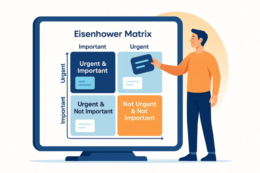 Illustration of the Eisenhower Matrix with tasks organized by urgency and importance.