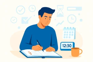 Feature illustration showing focused daily productivity with clocks, calendar, and checklist.