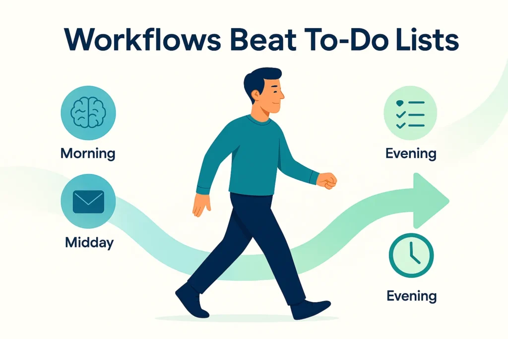 Illustration of a structured daily workflow with focused work, communication, and planning blocks, showing why workflows are more effective than long to-do lists.