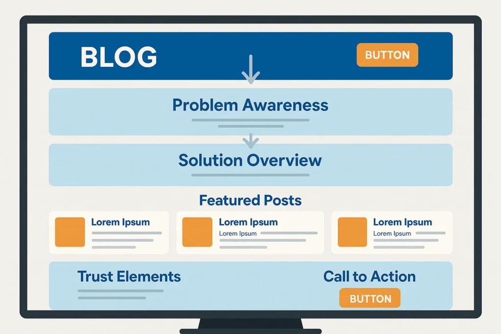 Blog homepage layout flow showing visual hierarchy and guided user attention