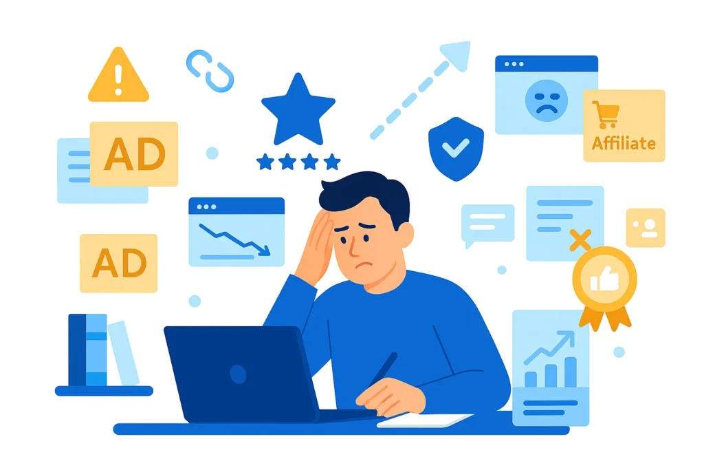 Illustration of a blogger at a desk surrounded by icons representing common blogging mistakes in 2026, including low engagement, thin content, slow website, and ad overload.
