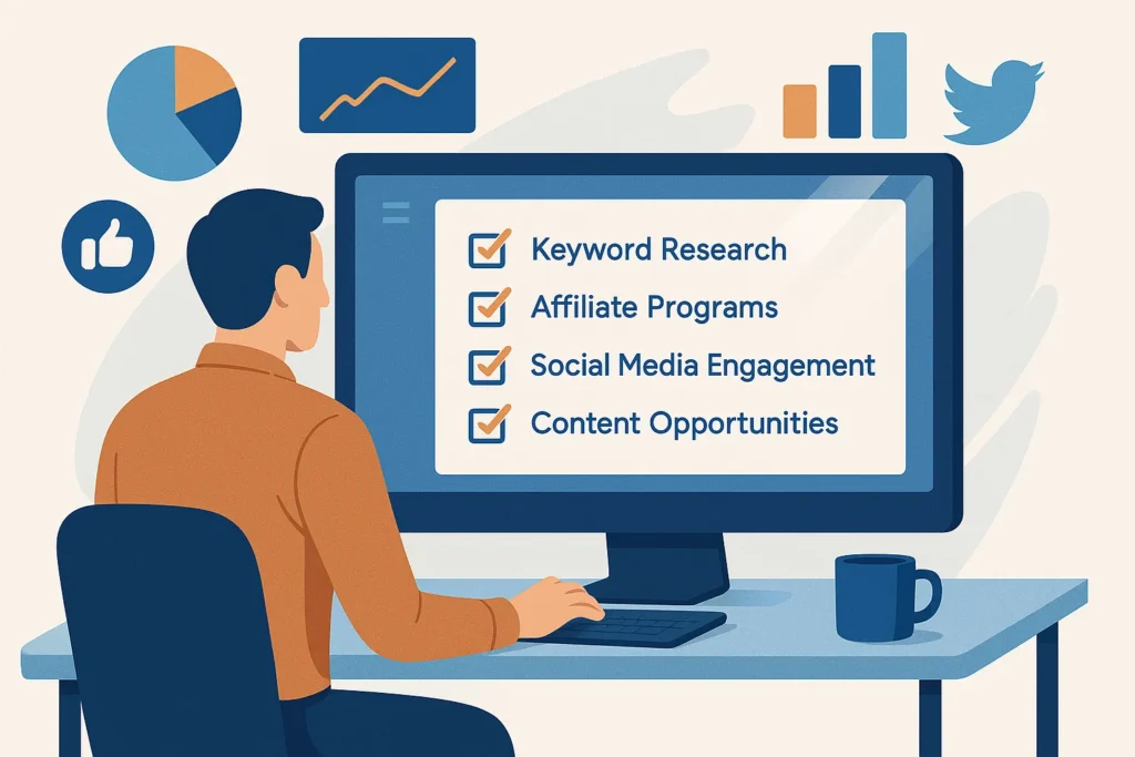 Illustration of a person validating an affiliate niche using research, analytics, and social engagement techniques.