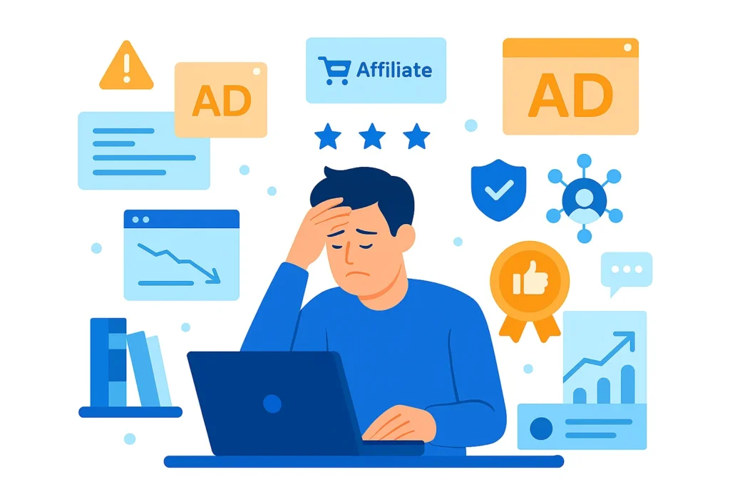 Illustration of a blogger overwhelmed by too many ads and affiliate links, showing reduced engagement and stressed readers.