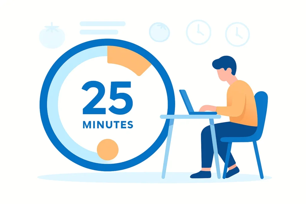 Pomodoro Technique illustration with a 25-minute timer and a focused person working at a desk.