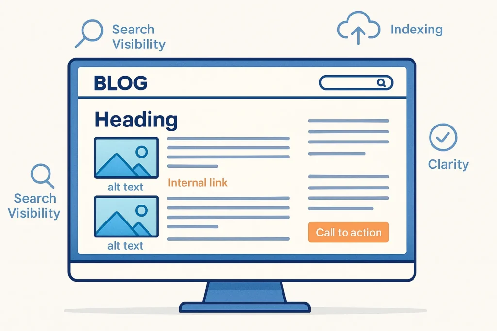 Blog homepage SEO best practices with optimized headings, images, and internal links