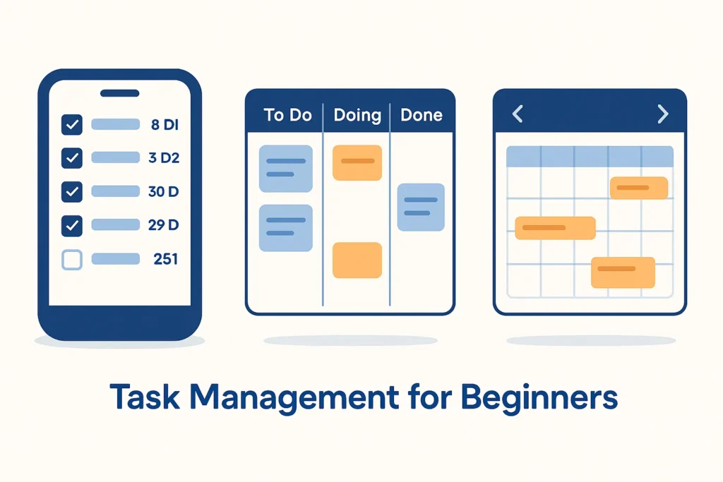 Different task management app styles including checklist, board, and calendar views for beginners