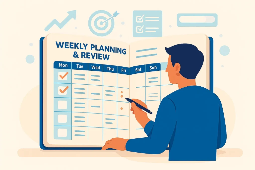 Weekly planning and review illustration with a planner, tasks, and progress checkmarks.