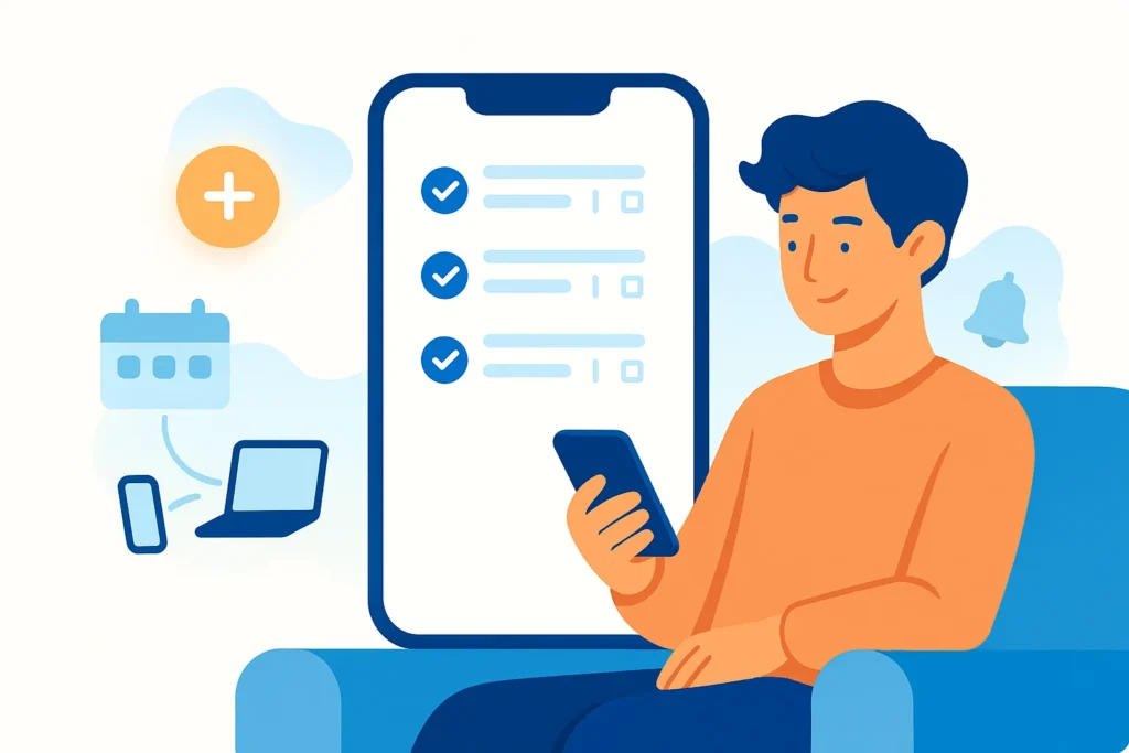 Beginner using a simple task management app with reminders, checklists, and stress-free task planning