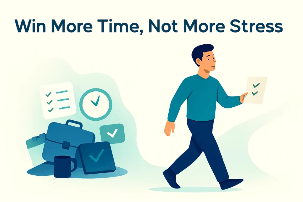 Illustration representing simplified work and reduced stress, showing how essential productivity habits help win more time in 2026.