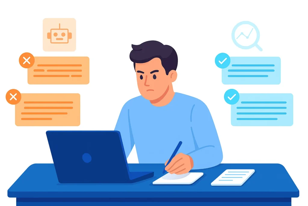 A blogger comparing robotic SEO content with human-friendly engaging content, highlighting common blogging mistakes.