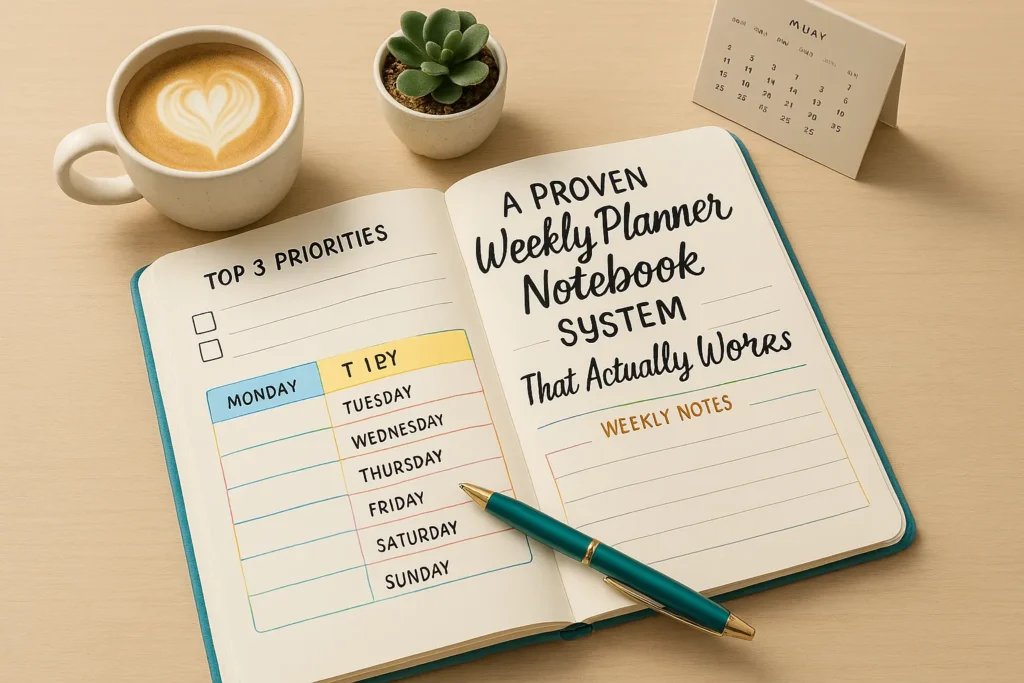 Open weekly planner notebook with a colorful, organized layout, featuring the title “A Proven Weekly Planner Notebook System That Actually Works,” surrounded by a pen, coffee, plant, and calendar.