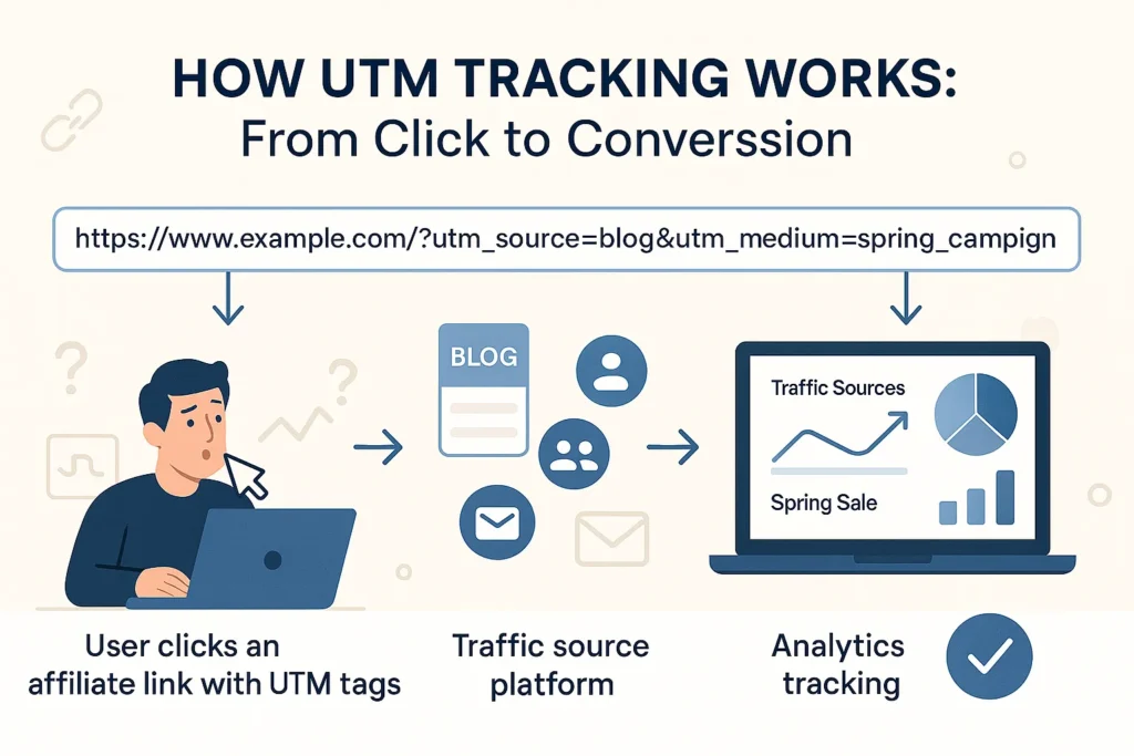 Diagram showing the affiliate tracking process from a UTM-tagged link click through analytics reporting to final conversion.
