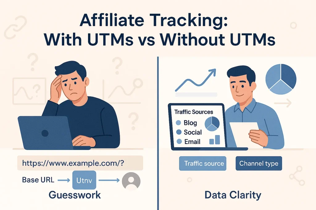 Comparison illustration showing affiliate tracking confusion without UTM parameters versus clear conversion data with UTMs.
