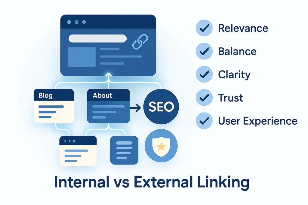 Internal vs External Linking best practices checklist showing balanced internal links and trusted external links for SEO.