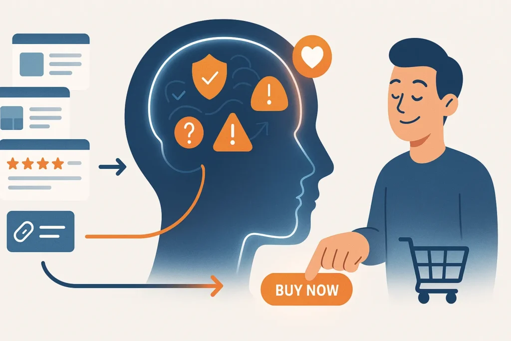 Buyer psychology illustration showing how affiliate marketing influences buyers through trust, emotions, and decision-making