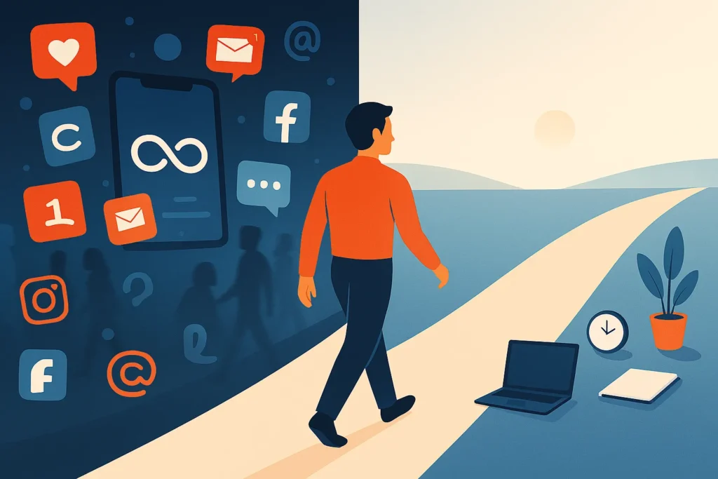 Digital Minimalism illustration showing a person choosing a focused path over digital distractions in a noisy world