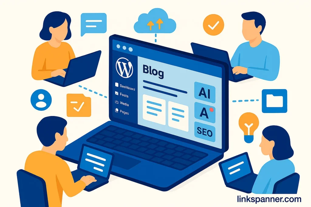 Illustration of team collaboration tools for a WordPress Blog Site, showing remote teamwork, communication, and shared workflows.