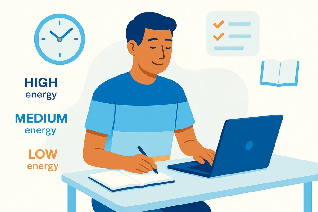 Illustration showing a professional scheduling tasks based on energy levels instead of strict time