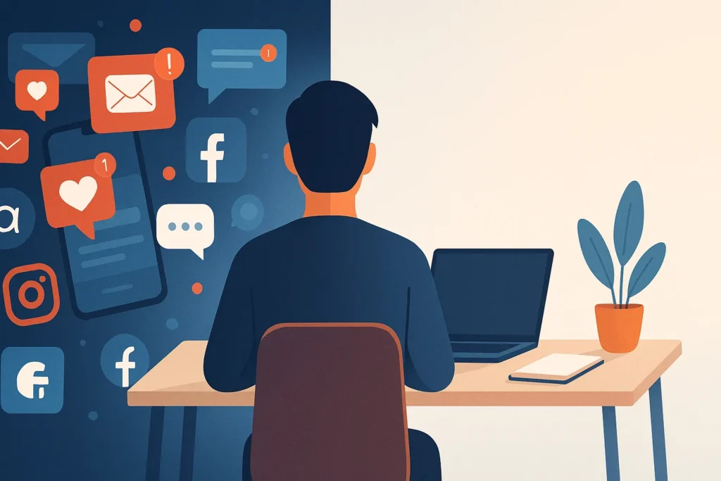 Digital Minimalism illustration showing a person overwhelmed by digital noise on one side and calm focused work on the other, representing choosing a focused life in a noisy world