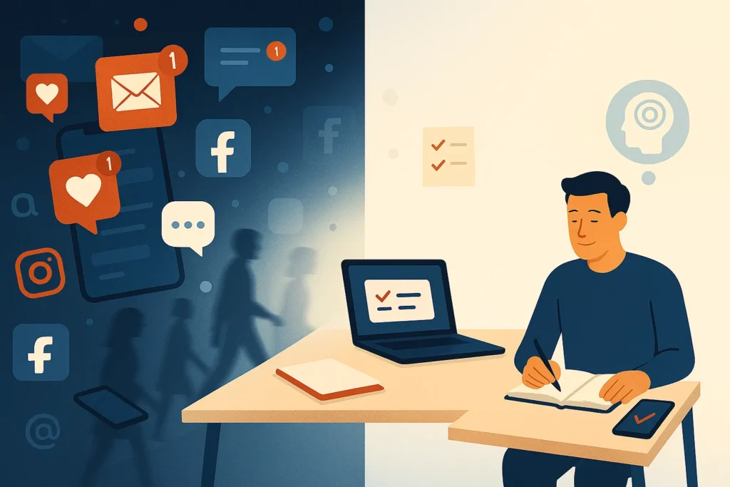 Digital Minimalism featured image showing digital chaos on one side and a calm focused workspace on the other