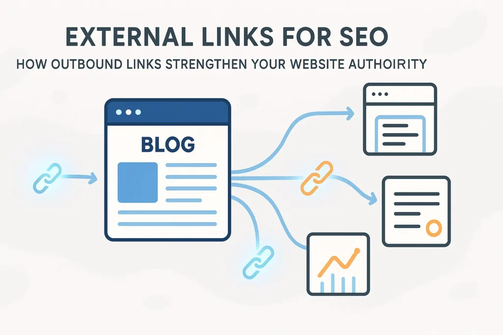 External Links for SEO illustrated as outbound links connecting a website to authoritative sources