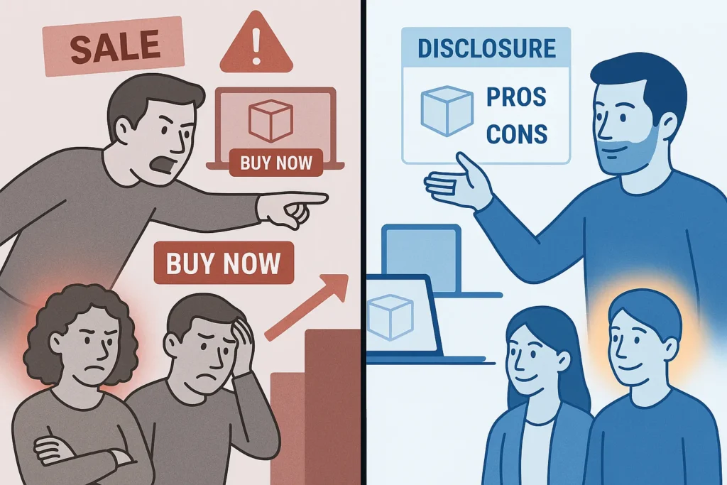 Affiliate marketing guide illustration comparing honest content with aggressive selling tactics