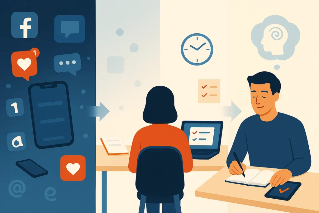 Digital Minimalism step-by-step illustration showing the transition from digital clutter to focus and mental clarity