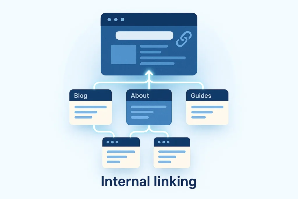 Internal linking structure showing connected blog pages improving crawlability, authority flow, and user navigation.