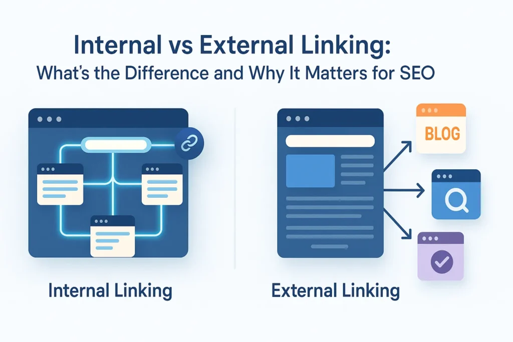 Internal vs External Linking visual showing internal page connections and external authority links for SEO strategy.