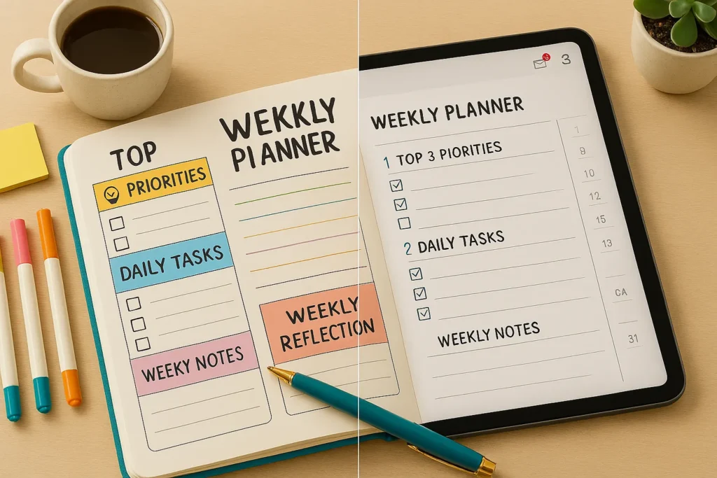 Side-by-side comparison of a weekly planner notebook with a clear handwritten layout and a digital planning app on a tablet, illustrating notebook vs digital planning.
