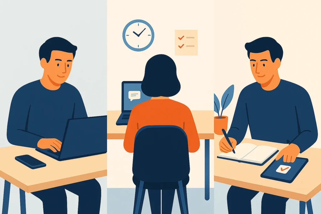 Digital Minimalism illustration showing freelancer, remote worker, and creator using fewer digital tools for better focus and productivity