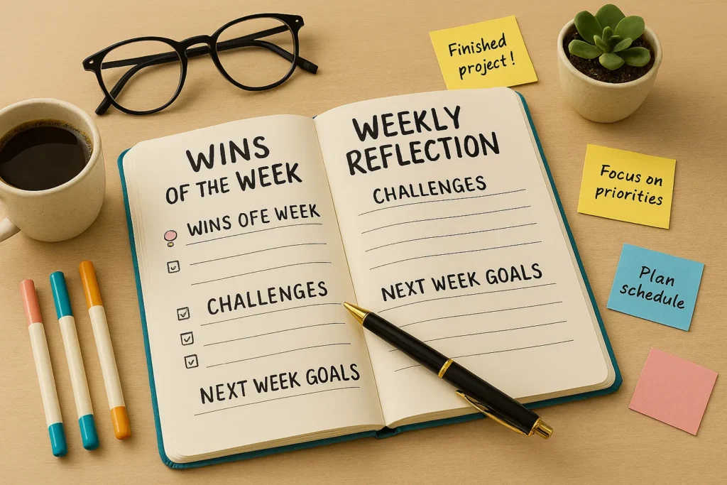 Open weekly planner notebook showing a weekly reflection page with sections for wins, challenges, and next week goals, surrounded by coffee, glasses, and plant.