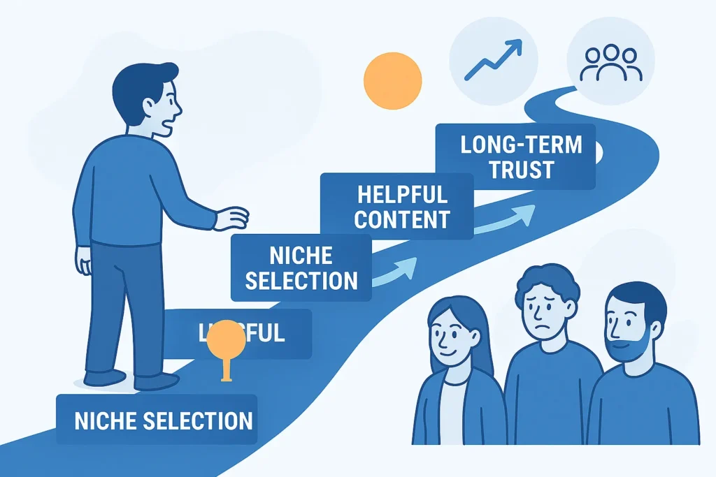 Affiliate marketing guide illustration showing how to start affiliate marketing with a trust-first approach