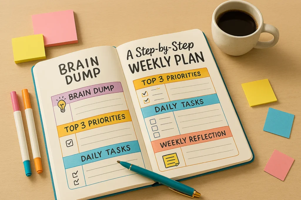 Weekly planner notebook open with step-by-step planning sections, surrounded by markers, sticky notes, and coffee, showing how to plan the week effectively.