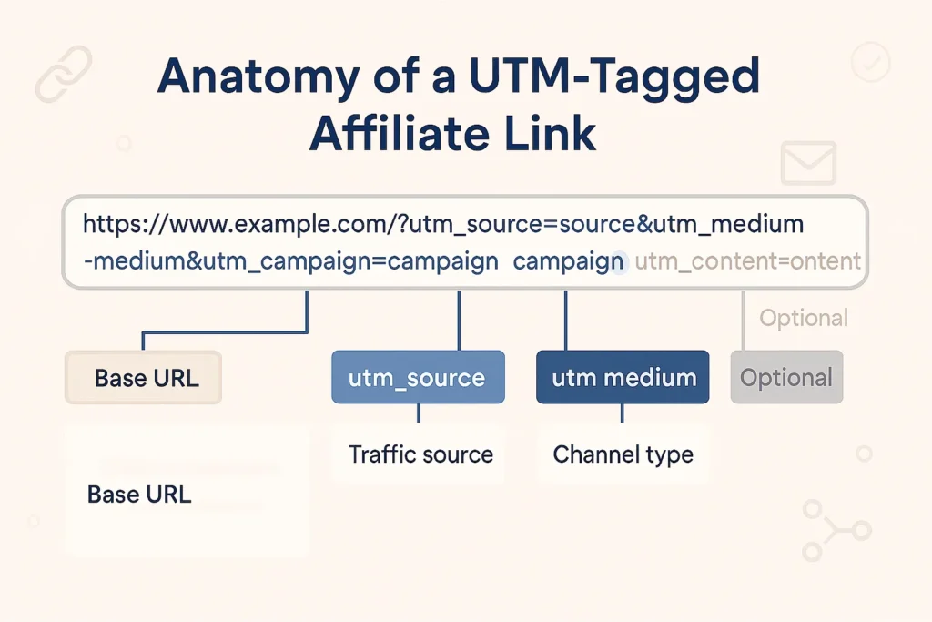 Visual breakdown of a UTM-tagged affiliate URL showing source, medium, campaign, and optional tracking parameters.