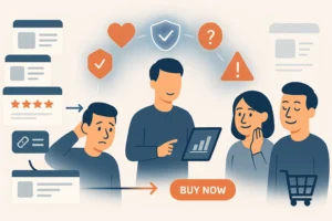 Feature illustration showing buyer psychology and successful affiliate marketing with emotions, trust, and conversion flow