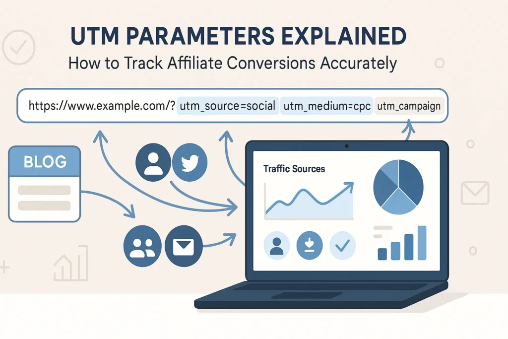 Illustration showing how UTM parameters track affiliate traffic sources and conversions using analytics dashboards and tagged URLs.