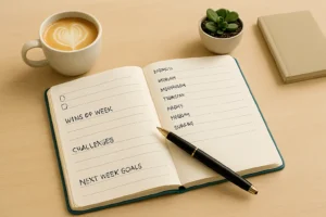 Open weekly planner notebook on a minimalist desk with a pen, coffee, plant, and calendar, symbolizing calm and productive weekly planning.
