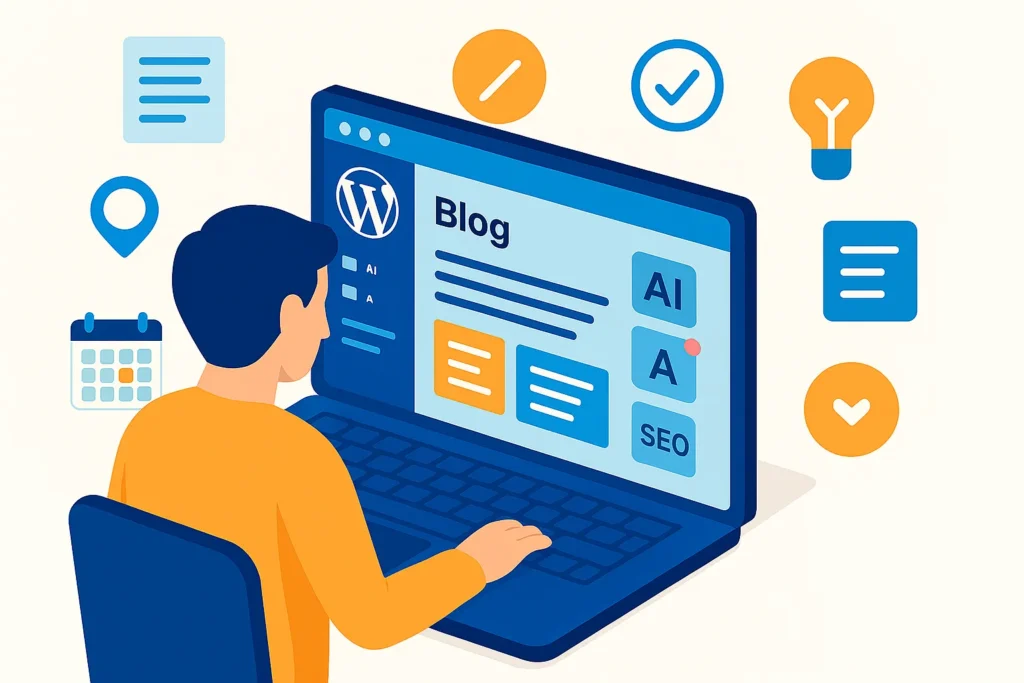Illustration of a blogger writing and editing a WordPress Blog Site post with AI tools and productivity apps.