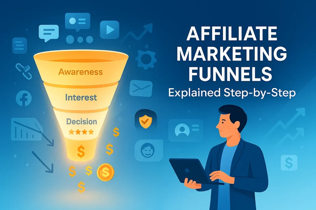 Affiliate Marketing Funnels explained step by step visual diagram with traffic and conversion flow