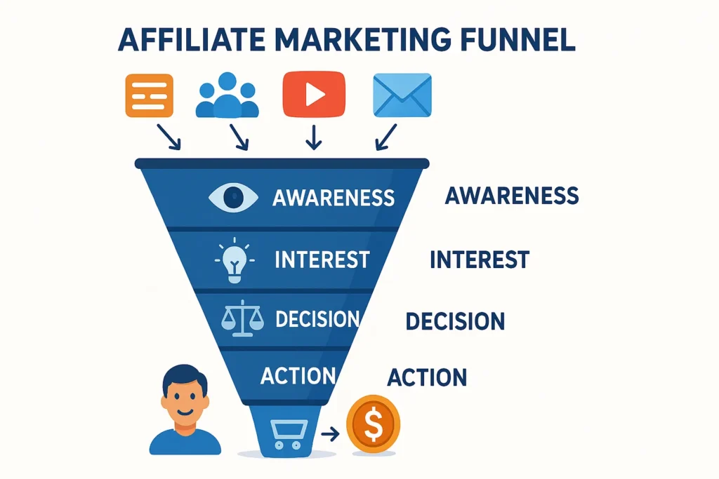 Affiliate Marketing Funnels diagram showing awareness interest decision and action stages