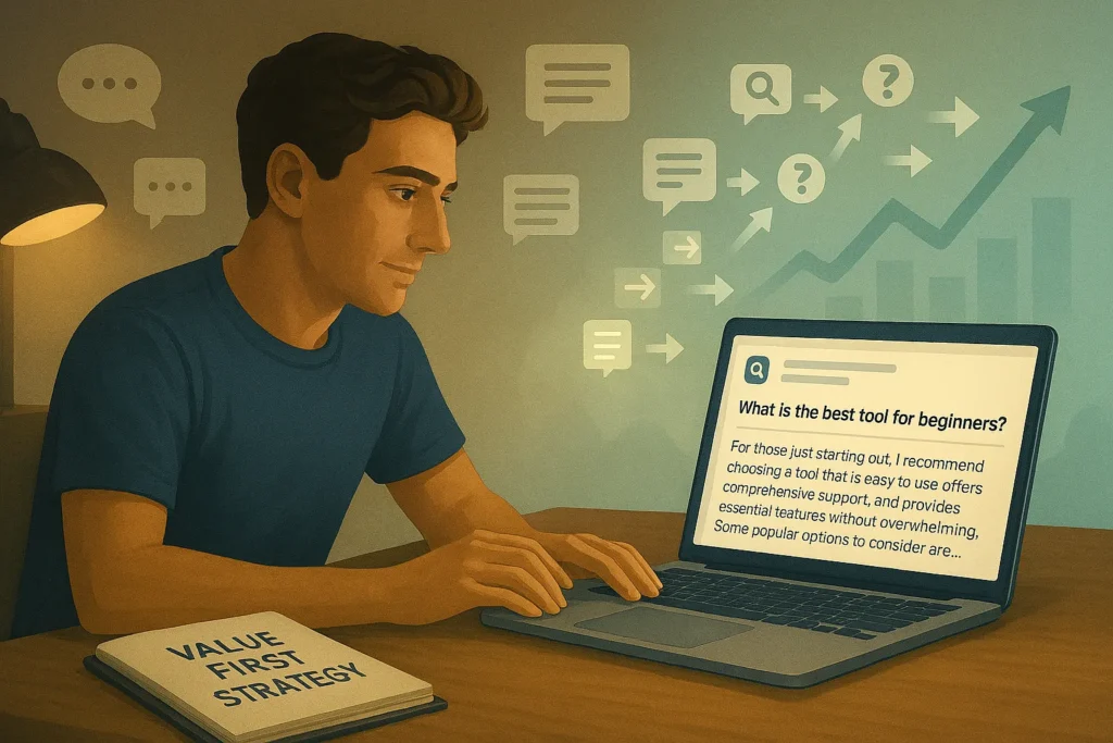 Content creator answering questions online to drive free traffic to affiliate links