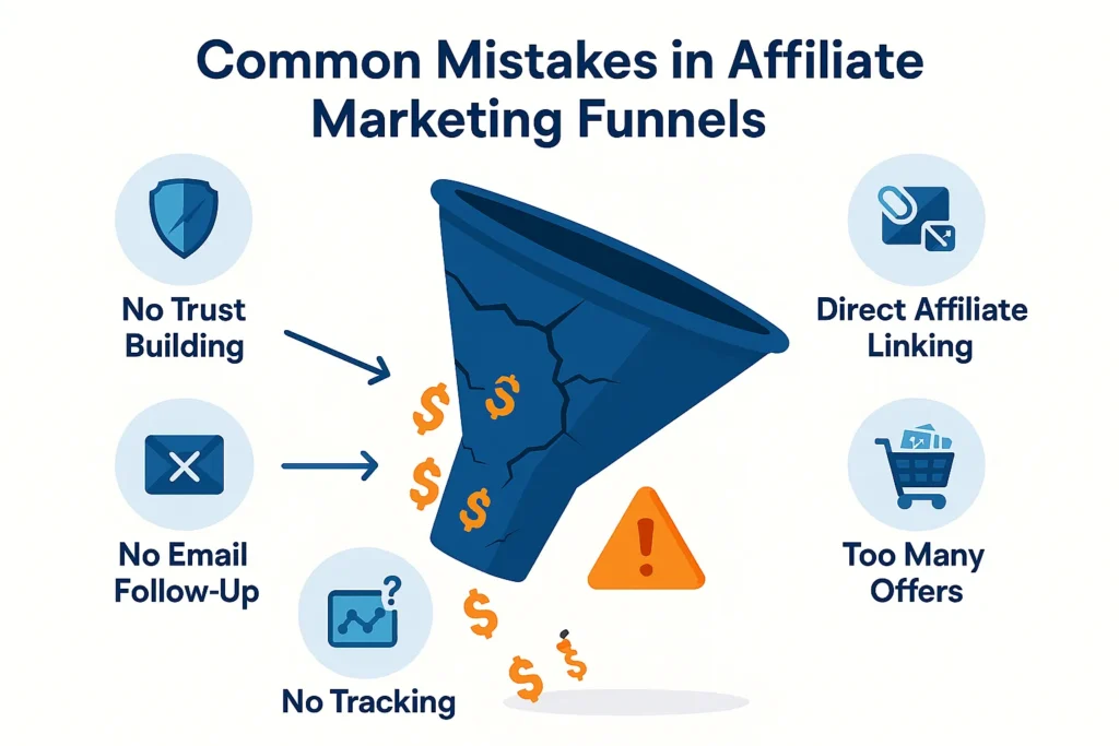Common mistakes in Affiliate Marketing Funnels including no trust no tracking and direct linking
