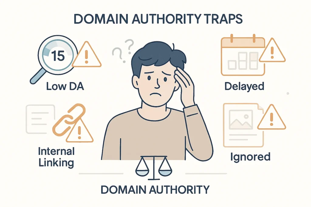 Illustration showing common Domain Authority mistakes bloggers make, including overemphasis on scores, delayed posting, and spammy links.
