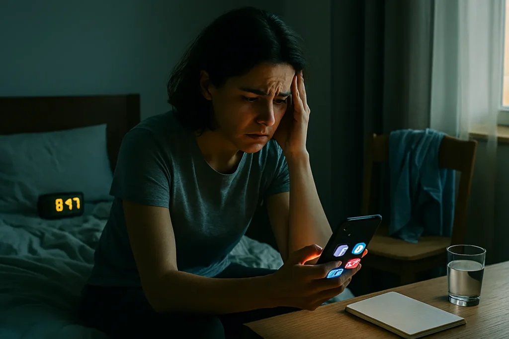 Person overwhelmed by smartphone notifications during chaotic morning routine
