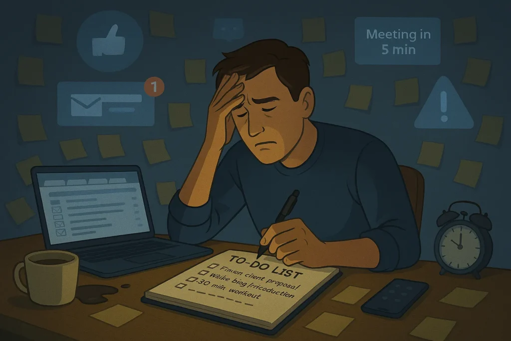 Overwhelmed person surrounded by distractions and unfinished tasks showing common productivity mistakes