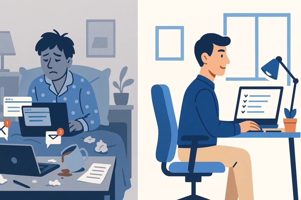 Work From Home Productivity Tips showing common remote work mistakes versus an organized productive setup