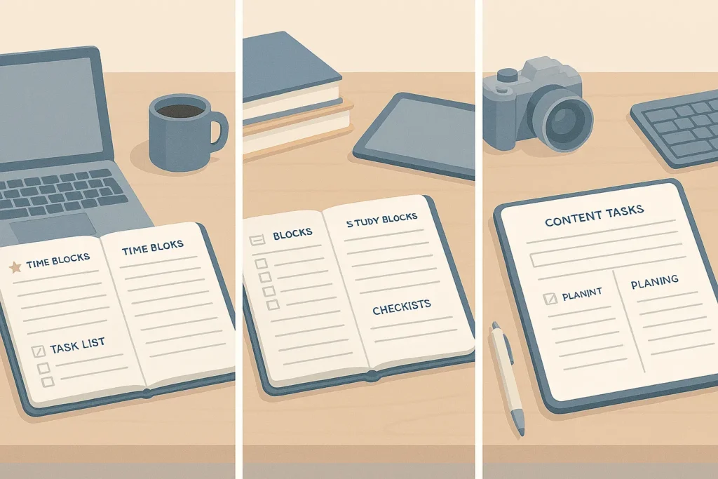 Custom daily planner examples showing freelancer, student, and blogger using structured daily planning